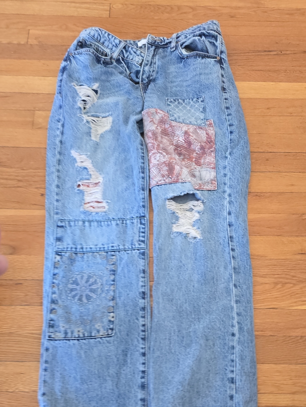KanCan Light Blue Patchwork Distressed Straight-Leg Jeans